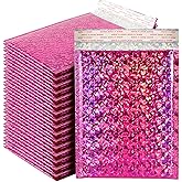 SEUNMUK 50 Pieces Holographic Metallic Bubble Mailers Pink, 11 x 7 Inch Self-adhesive Padded Mailing Envelopes, Rose Red Cushion Envelopes for Mailing, Shipping, Packing, Rose Red