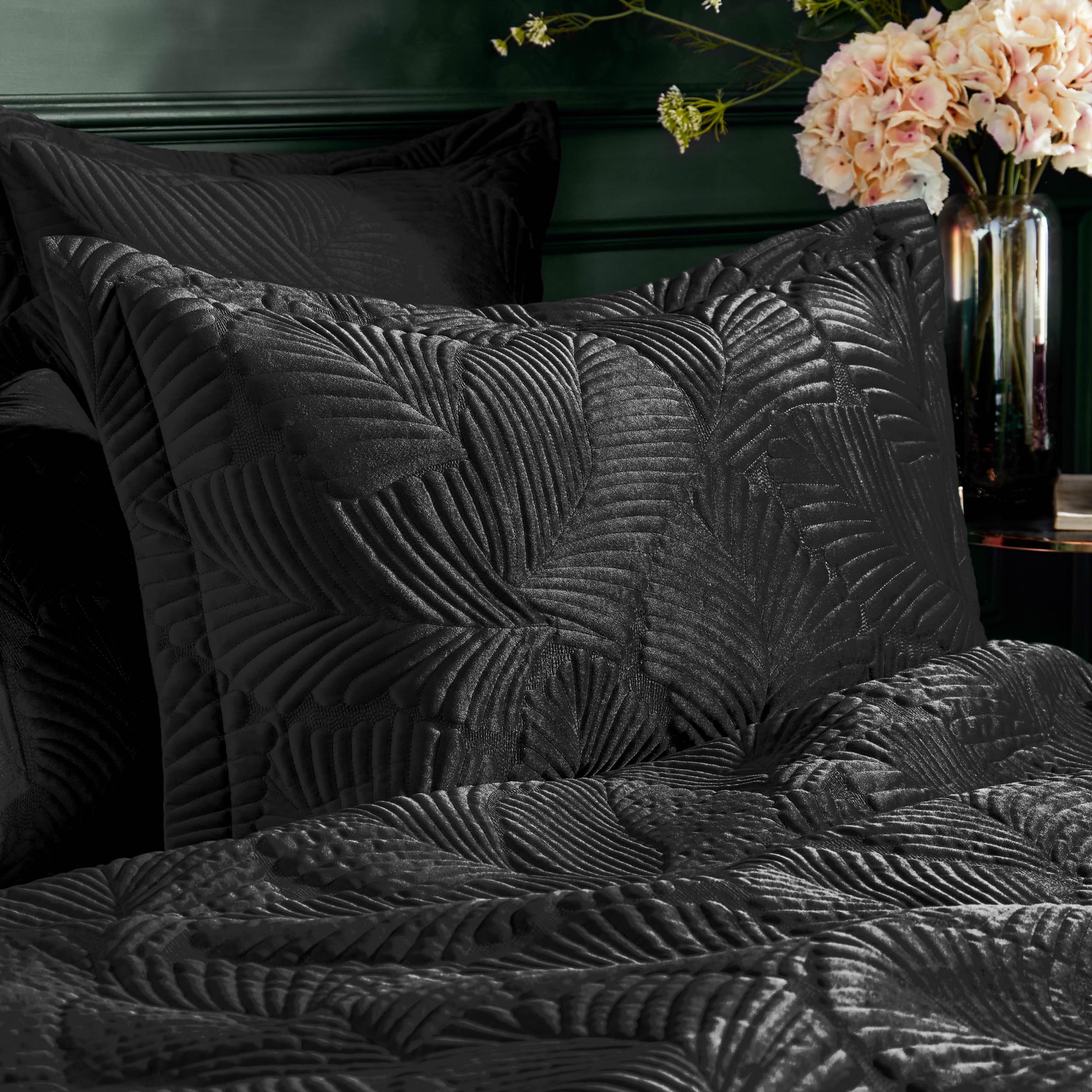Paoletti Palmeria Quilted Velvet Pillowcase, Black