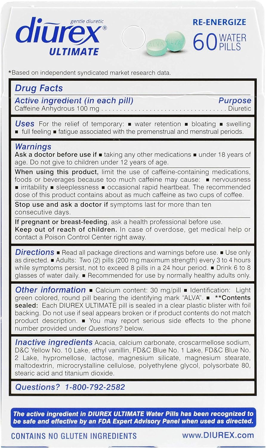 Diurex Ultimate Re-Energizing Water Pills - Maximum Strength Diuretic - Relieve Water Bloat - 60 Count: Health & Personal Care