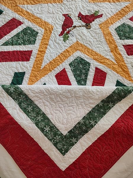 VOHANIDE HANDMADE KING SIZE PATCHWORK QUILT SET WITH EMBROIDERED CARDINAL & STARS – RUSTIC FARMHOUSE COTTON BEDDING – CRIMSON, FOREST GREEN & GOLD – ALL SEASON DECORATIVE QUILT
