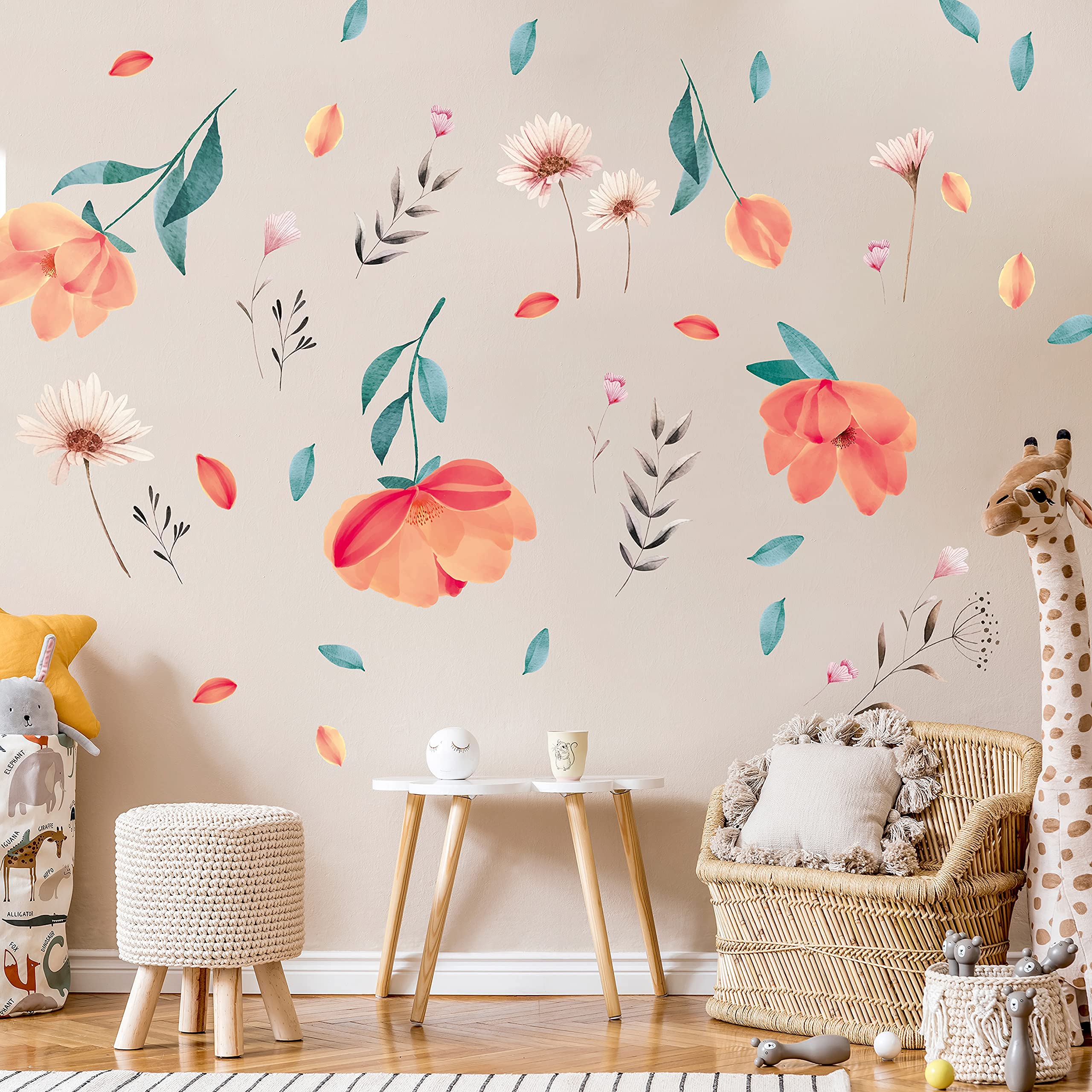 WALPLUS 37 Pieces Boho Peach Flowers Wall Stickers Mural Art Vinyl Nursery Decorations for Living Room Kids Bedroom Decors Home Removable DIY Wall Decals Hotels Cafe Office Decors