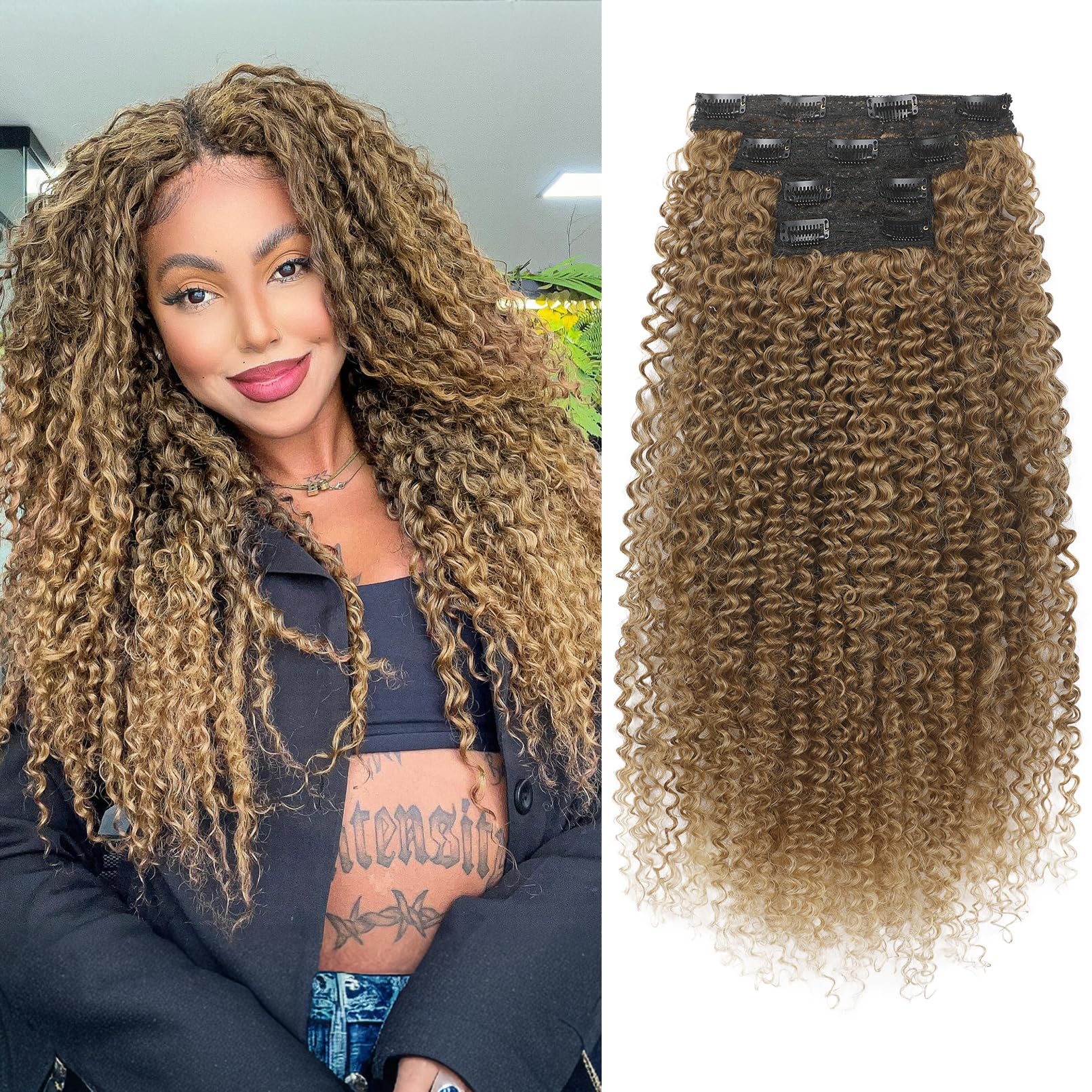 Photo 1 of FLUFYMOOZ Clip in Hair Extensions, 20" 4PC 100? Pure Protein Silk Hair Extensions for Black White Women Long Soft Curly Hair Extension Hairpiece(Dark Blonde to Light Brown)
