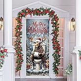JINYO Funny Christmas Bathroom Door Decorations Curtains, Merry Christmas Winter Moose Bathroom Door Covers Doorway Banners Background Backdrop Decor for Winter Holiday Party, 35 * 79 Inch