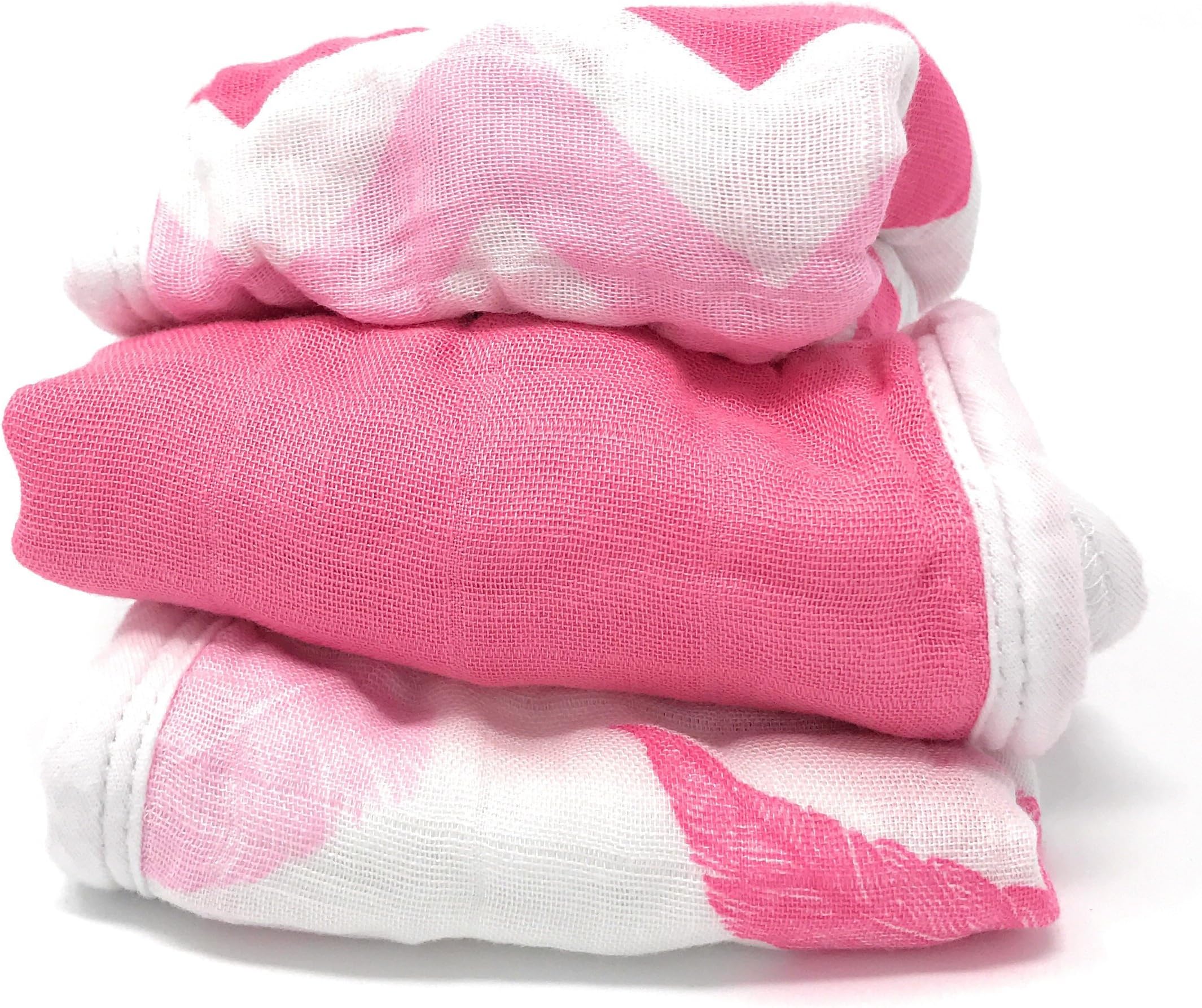 Bamboo Muslin Washcloths - 3 Pack - Pink Feather Chevron - Softest Muslin Washcloths by Cozy Babe