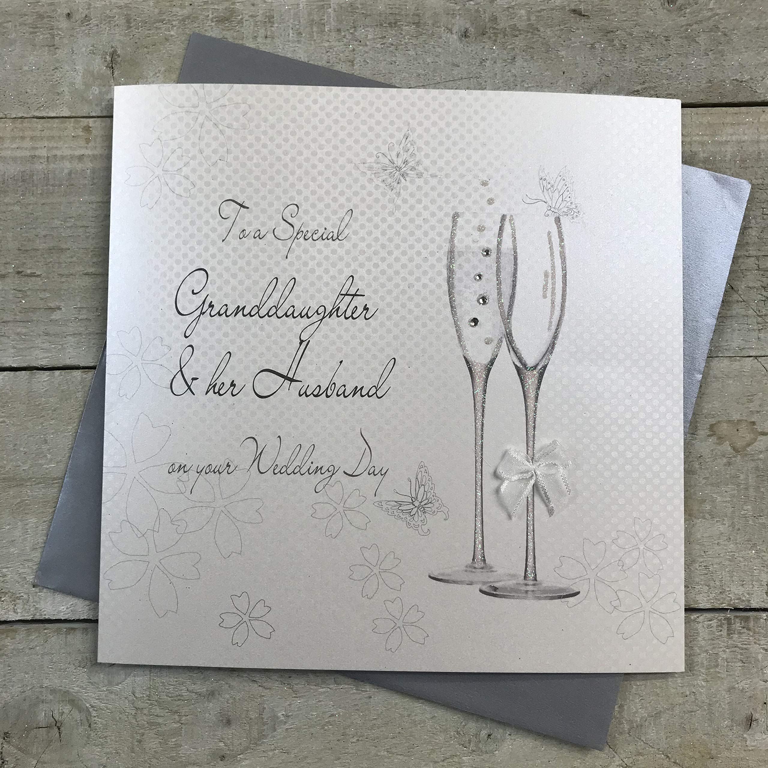 white cotton cards Large Champagne Flutes to a Special Granddaughter & Her Husband Day Handmade Wedding Card, XBD82