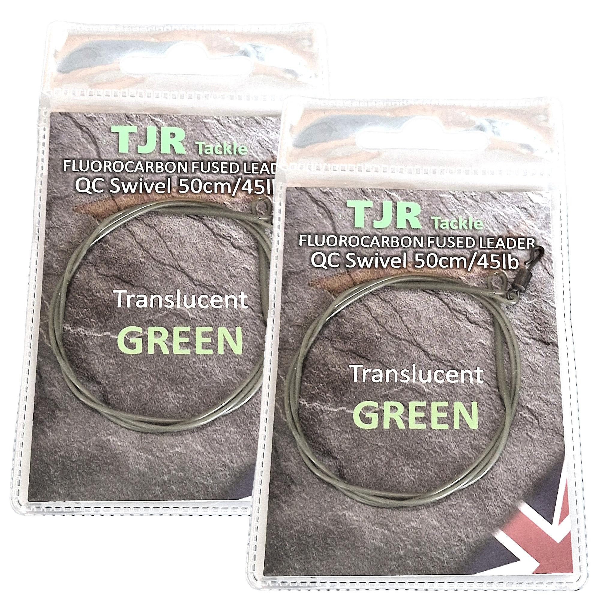 Twin pack fluorocarbon 50cm carp Leaders Quick Change swivels fused loop 3 colour options (Translucent Green)