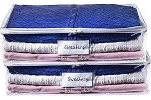 Masirs Clear Sweater Storage Bag - Durable Vinyl Material to Shield Your Contents from Dust, Dirt and Moisture. Easy Gliding Zipper for Easy Access and Label Pocket for Easy Identification. (2-Pack)