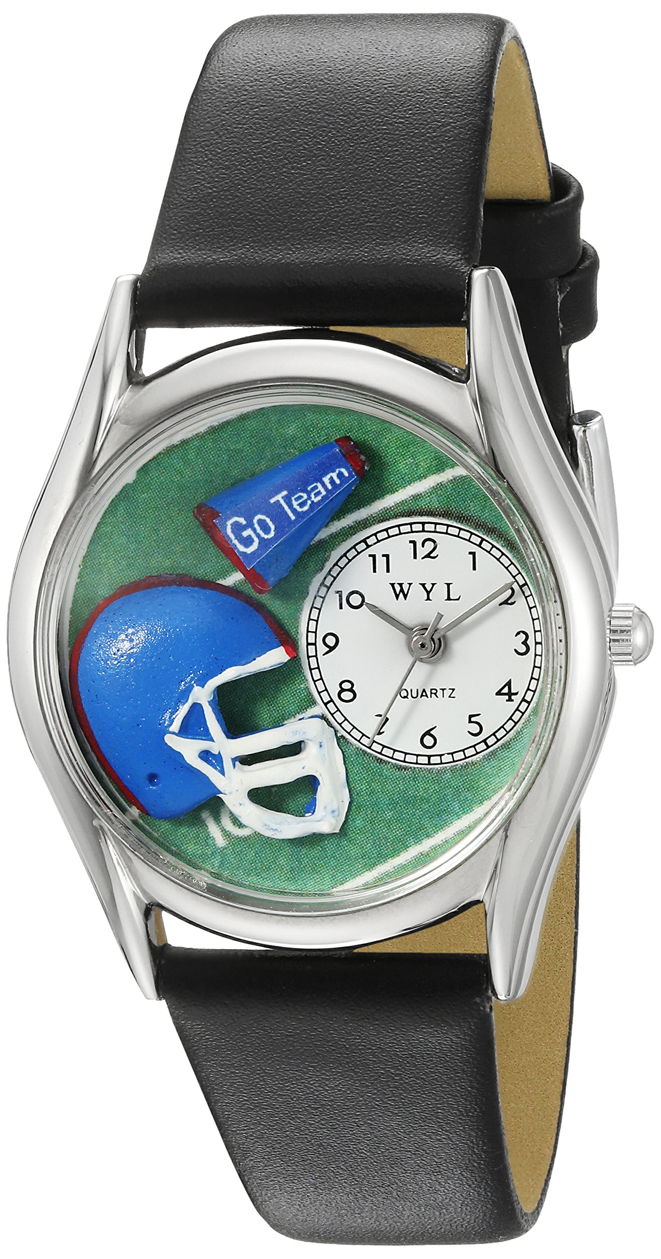 Whimsical Watches Football Black Leather and Silvertone Unisex Quartz Watch with White Dial Analogue Display and Multicolour Leather Strap S-0820009
