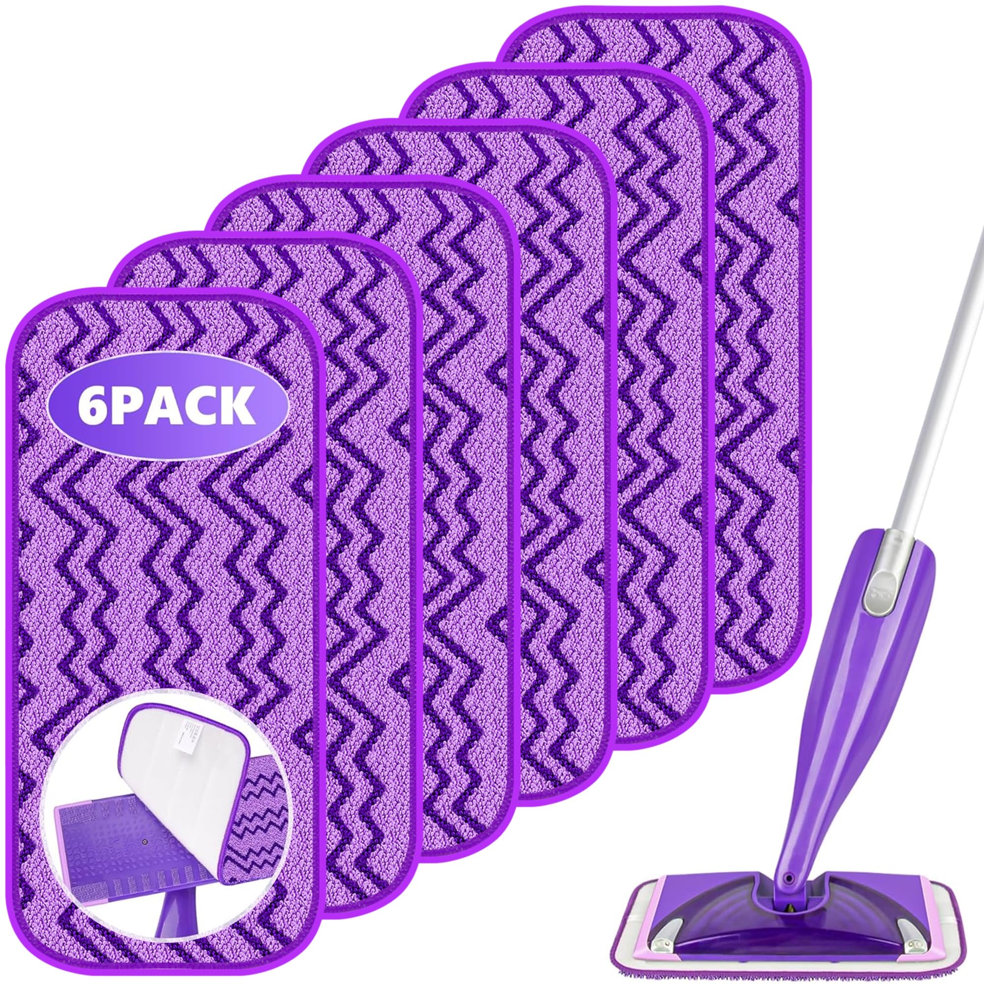 Photo 1 of 6 Pack Reusable Mop Pads Compatible with Swiffer Wet Jet Mops, Microfiber Wet Jet Pads Refills Washable Dry Wet Mopping Cloths for Swiffer WetJet 12" Mop All Purpose Hardwood Floor Cleaning, Purple