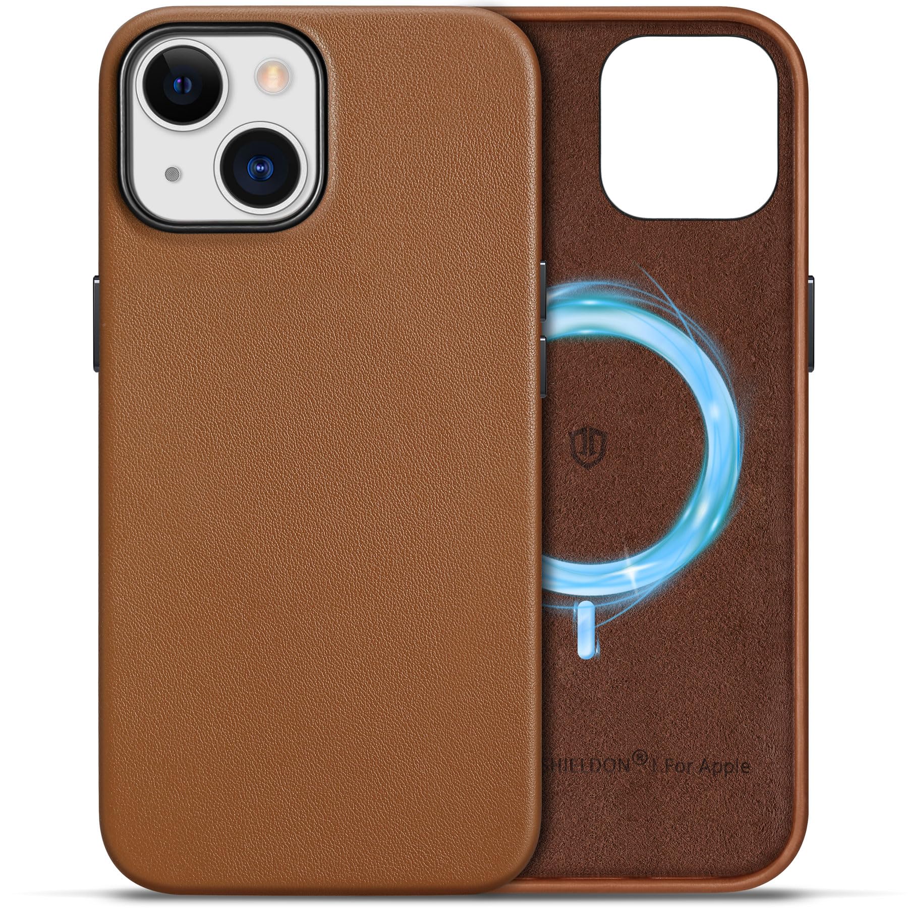 SHIELDON Case for iPhone 15 5G 6.1", Genuine Leather Magnetic Wireless Charging [Slim Fit][Non-Slip Grip] Shockproof Protective Case Cover with Metal Buttons Compatible with iPhone 15 - Saddle Brown — image 1