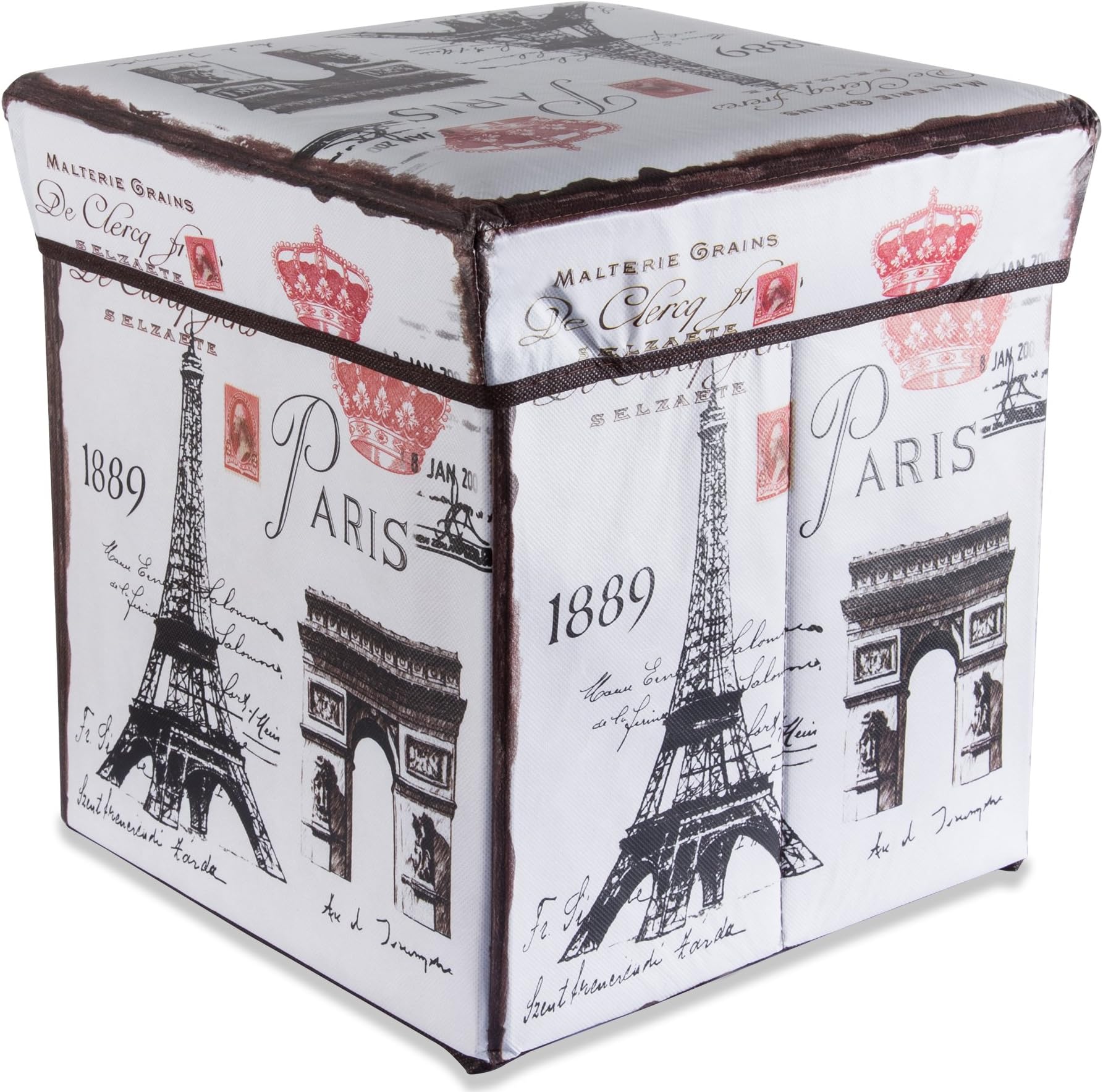 Intirilife Ottoman Cube 30x30x30 cm in EIFFEL TOWER – Foldable Portable Storage Footstool with Removable Lid made of Fabric in Linen Look – Folding Pouffe Stool Chest Seat