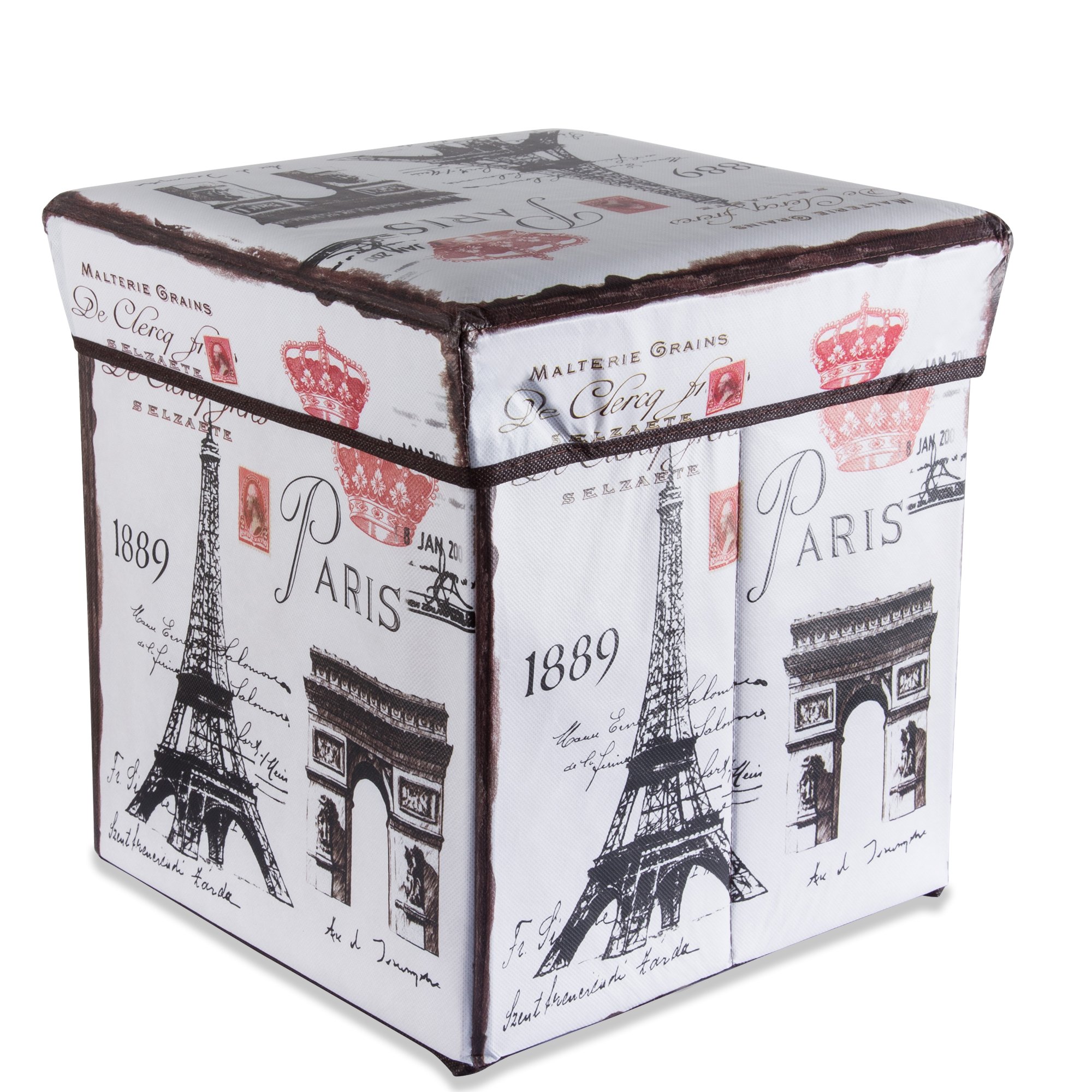 Intirilife Ottoman Cube 30x30x30 cm in EIFFEL TOWER – Foldable Portable Storage Footstool with Removable Lid made of Fabric in Linen Look – Folding Pouffe Stool Chest Seat