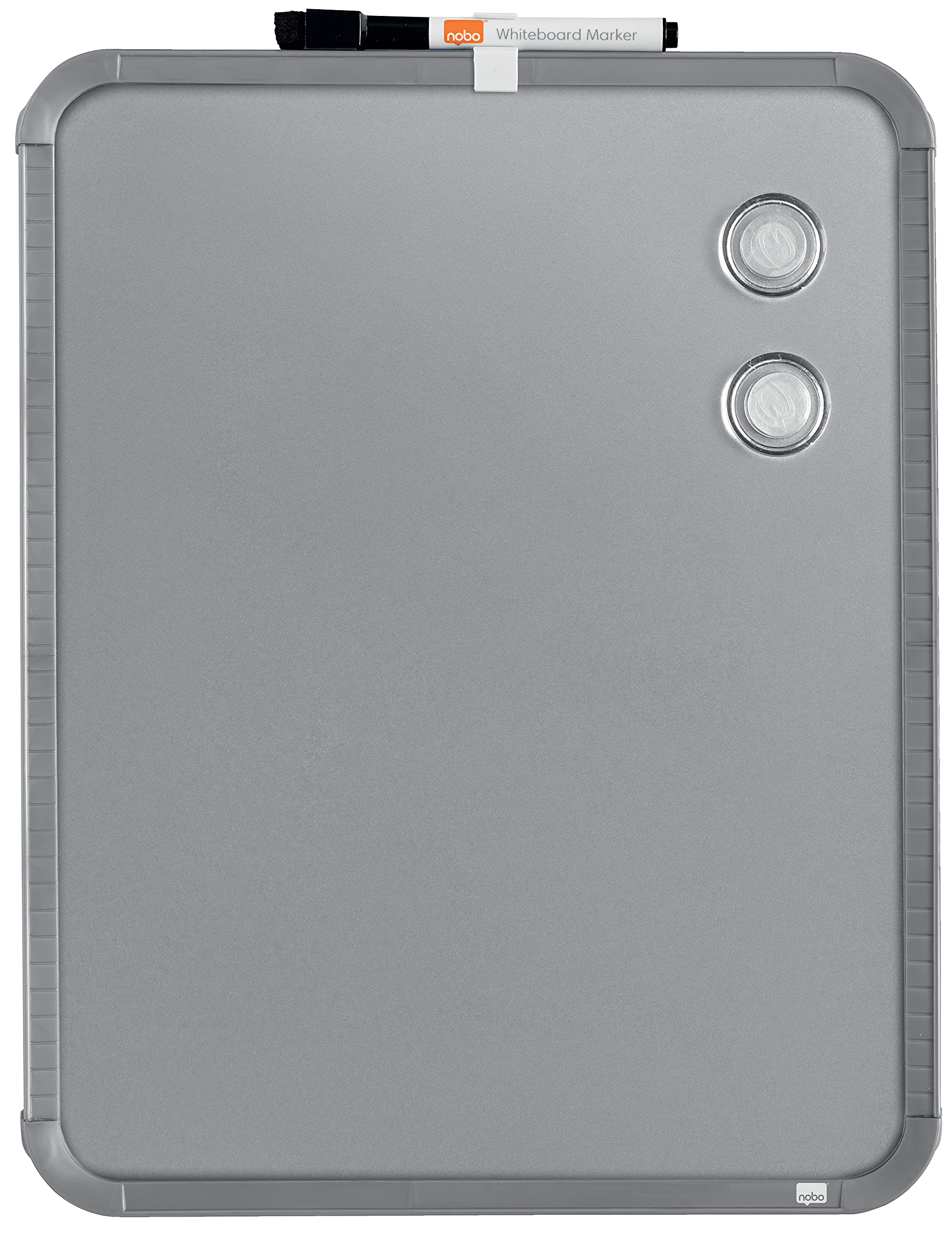 Nobo Mini Magnetic Whiteboard With Slim Silver Frame, Portable, Wall Mountable, Portrait Or Landscape, Integrated Hand Grips & Pen Clip, 360 x 280 mm, QB05442CD