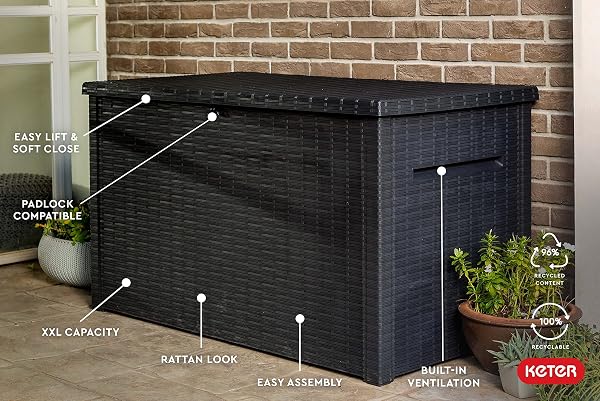 KETER JAVA XXL 230 GALLON RESIN RATTAN LOOK LARGE OUTDOOR STORAGE DECK BOX FOR PATIO FURNITURE CUSHIONS, POOL TOYS, AND GARDEN TOOLS, DARK GREY