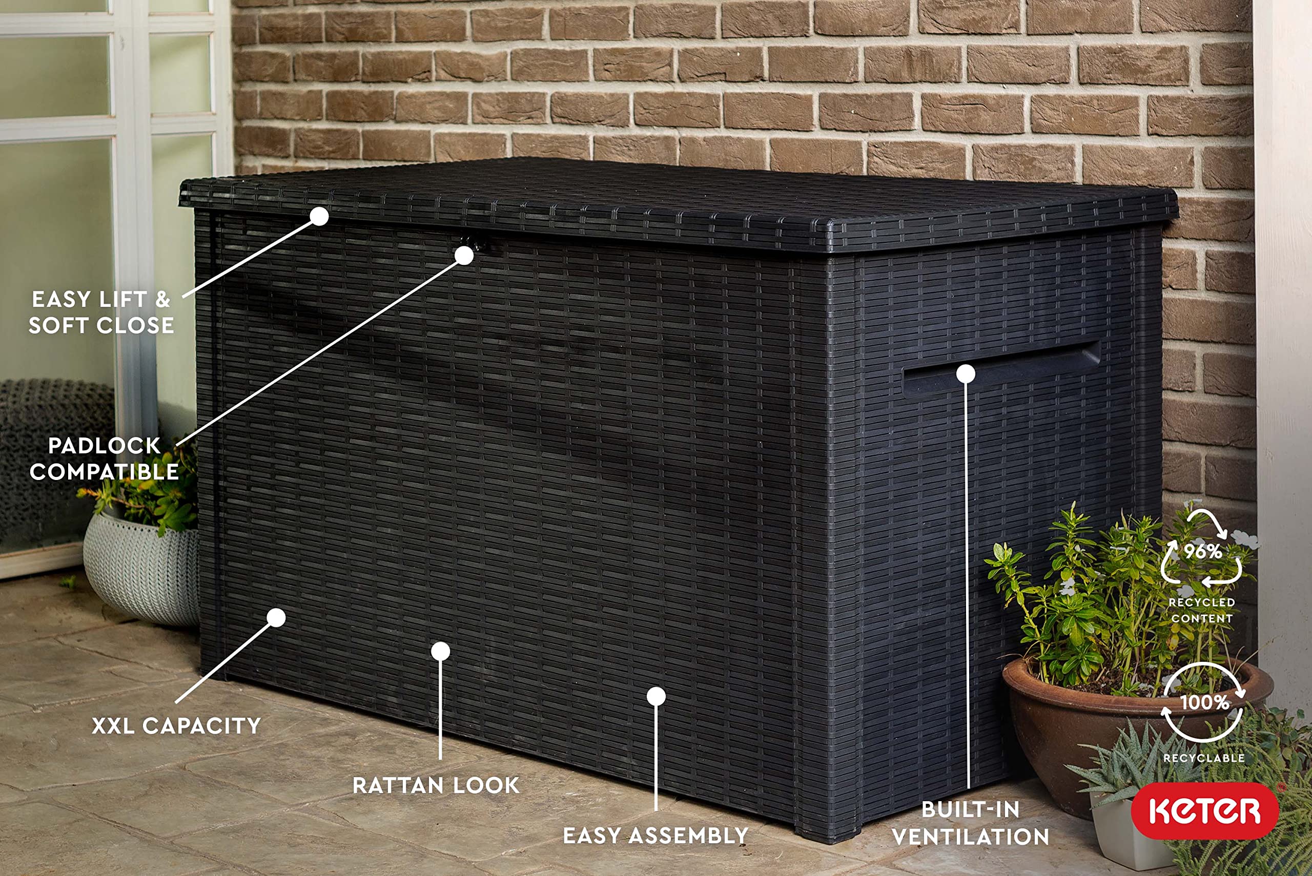 Keter Java XXL 230 Gallon Resin Rattan Look Large Outdoor Storage Deck