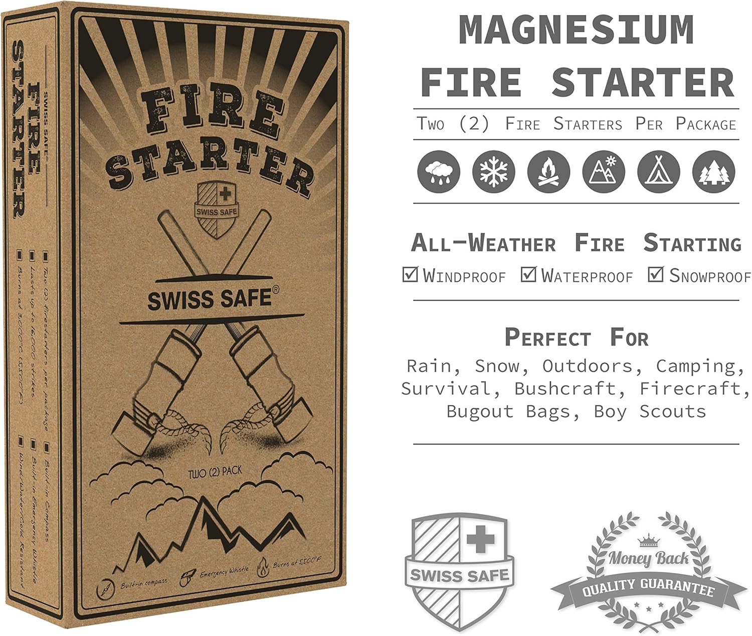 Swiss Safe 5-in-1 Fire Starter with Compass, Paracord and Whistle (2-Pack) for Emergency Survival Kits, Camping, Hiking, All-Weather Magnesium Ferro Rod: Home & Kitchen