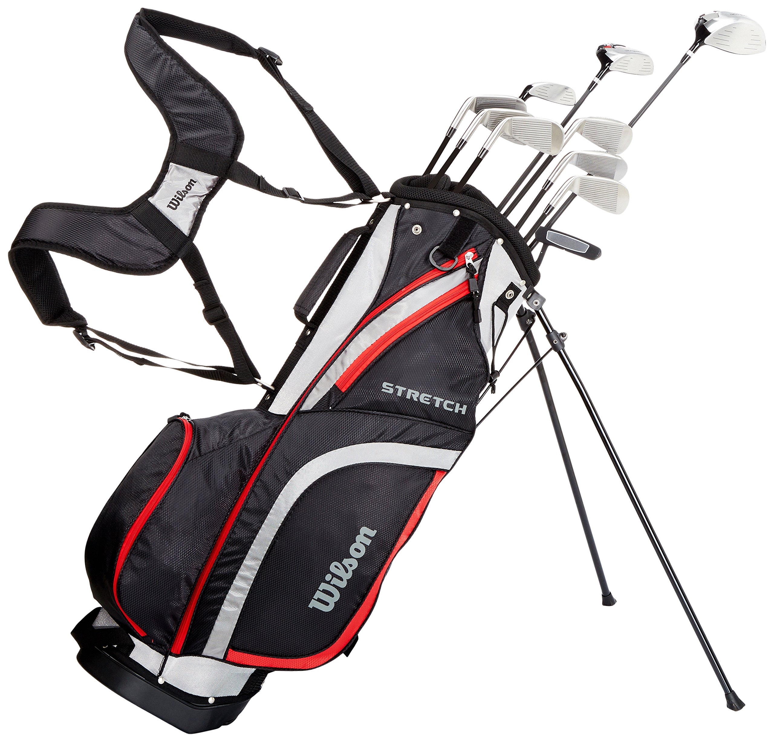 Wilson Beginner Complete Set, 10 golf clubs with stand bag, Men's (right hand), Stretch XL, Black/Grey/Red, WGG157551