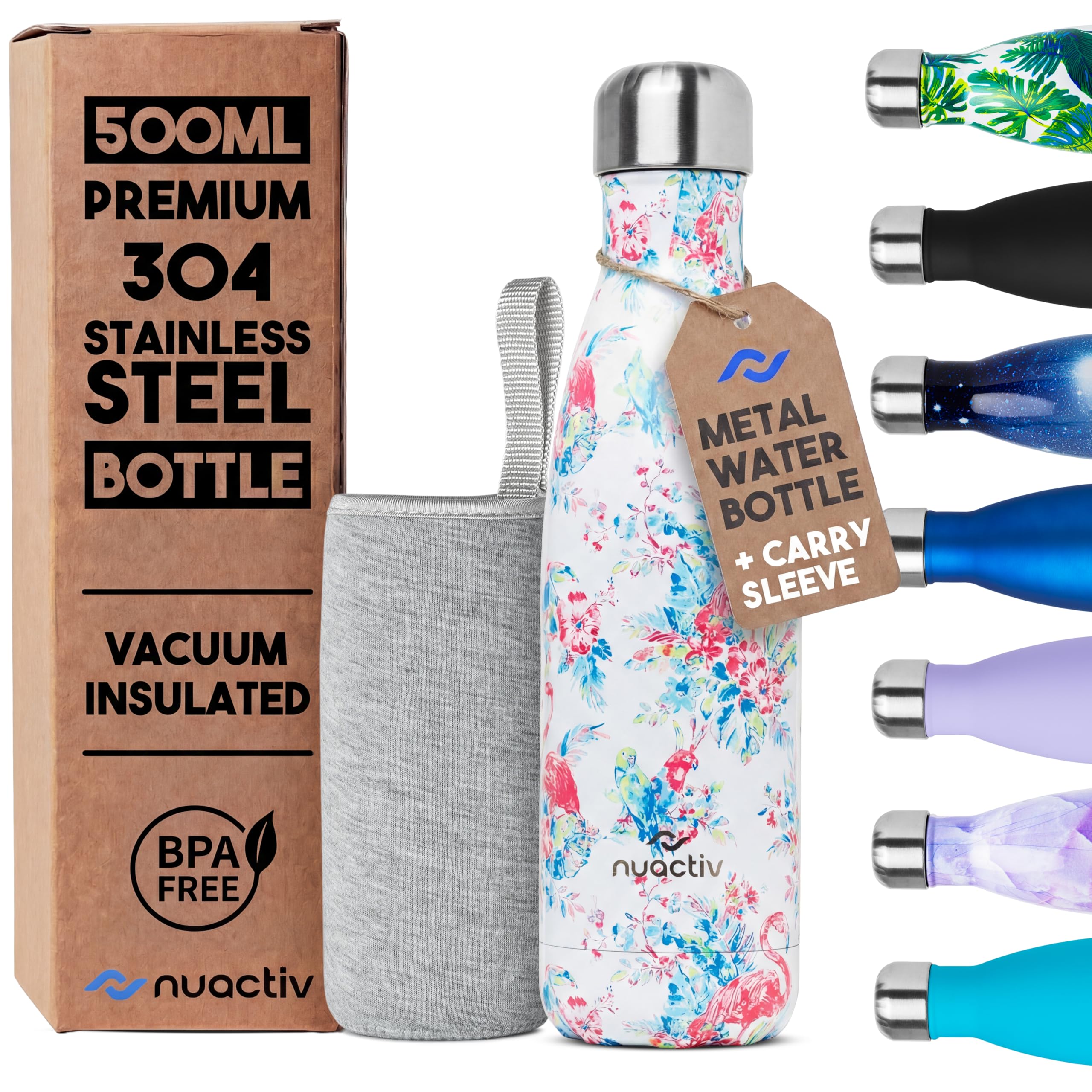 Nuactiv Stainless Steel Water Bottle 500ml, Vacuum Insulated Metal Flask, Leakproof, BPA Free, Reusable Sports Flask, Keeps Drinks Cold 24h & Hot 12h, for Gym, Travel, Work & School