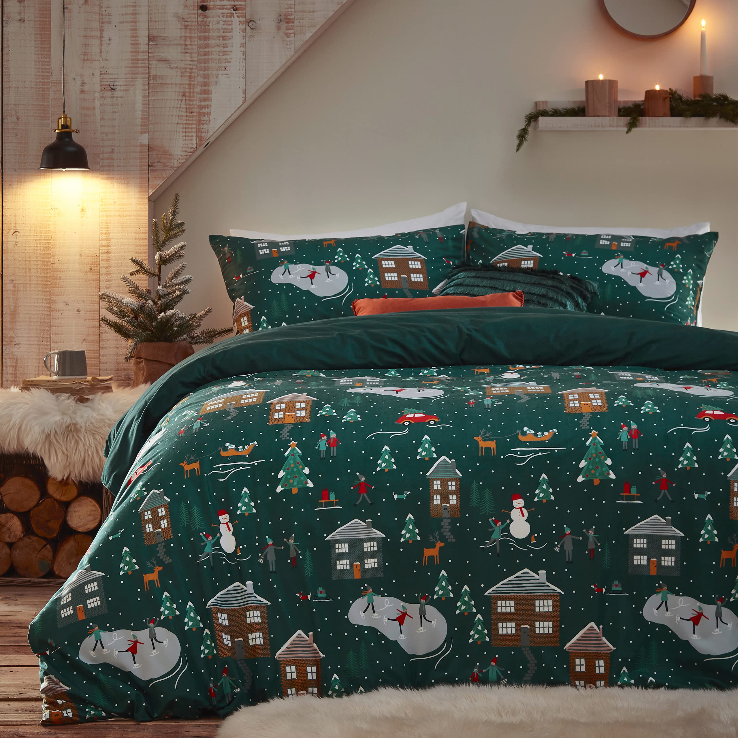furn. Winter Duvet Cover Set, Polyester, Pine Green, Single