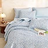 Wake In Cloud - Floral Quilt Set, Cute Vintage Flower Cottagecore Shabby Chic for Women Teen Girls, Reversible Lightweight Bedspread Coverlet, 3 Pieces, Light Blue, Twin/Twin XL Size