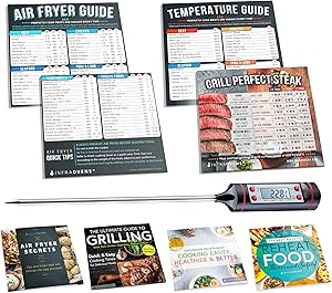 Air Fryer Cook Times Cheat Sheet Magnet Accessories | Airfryer Cookbooks, Magnetic Temperature Cooking Guide Chart for Quick Reference + Food Thermometer for Kitchen Cooking, Baking & Grilling