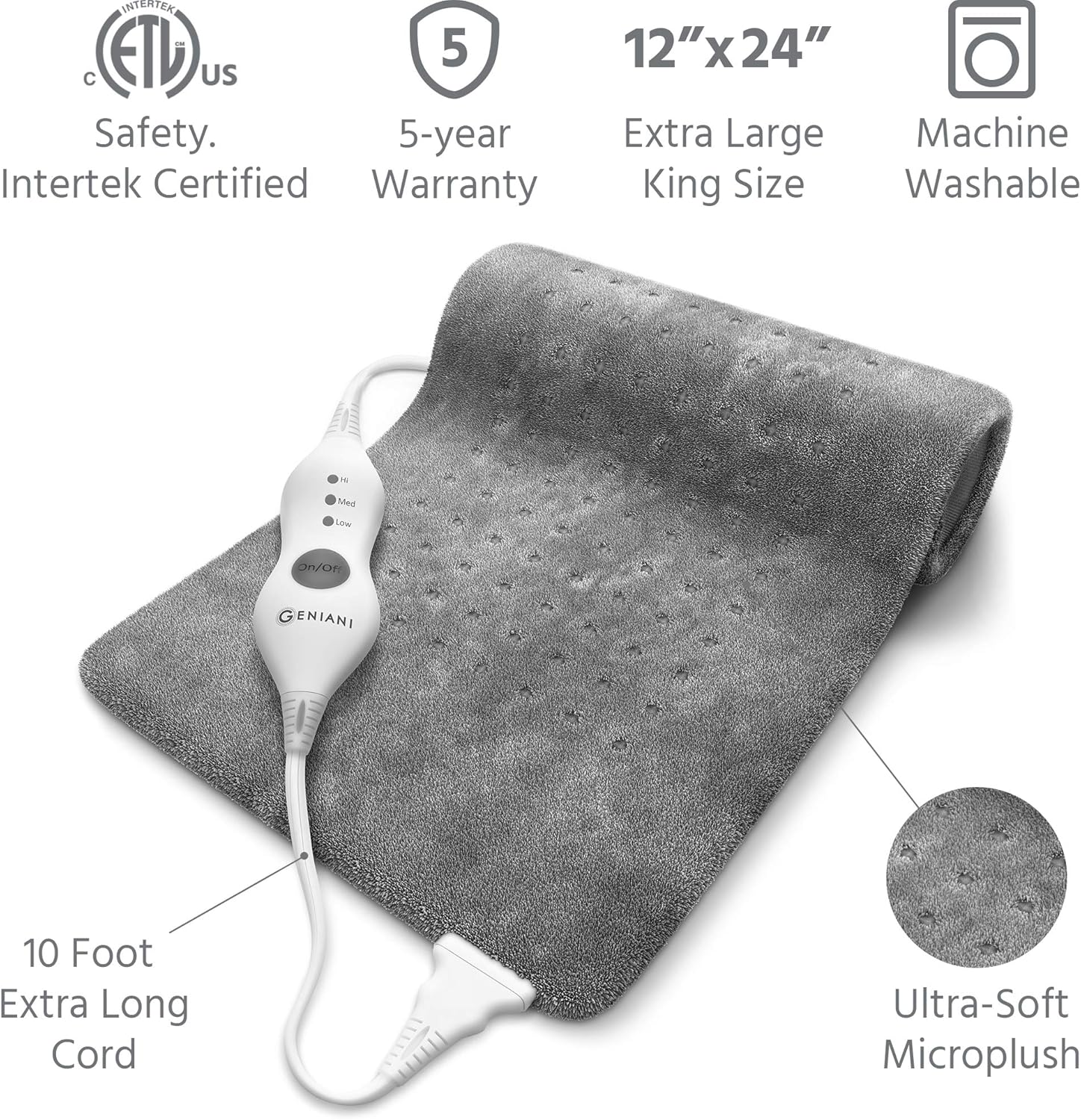XL Heating Pad - Electric Heating Pad for Moist and Dry Heat Therapy - Fast Neck/Shoulder/Back Pain Relief at Home - [12"x24"] GENIANI (Tabby Gray): Health & Personal Care