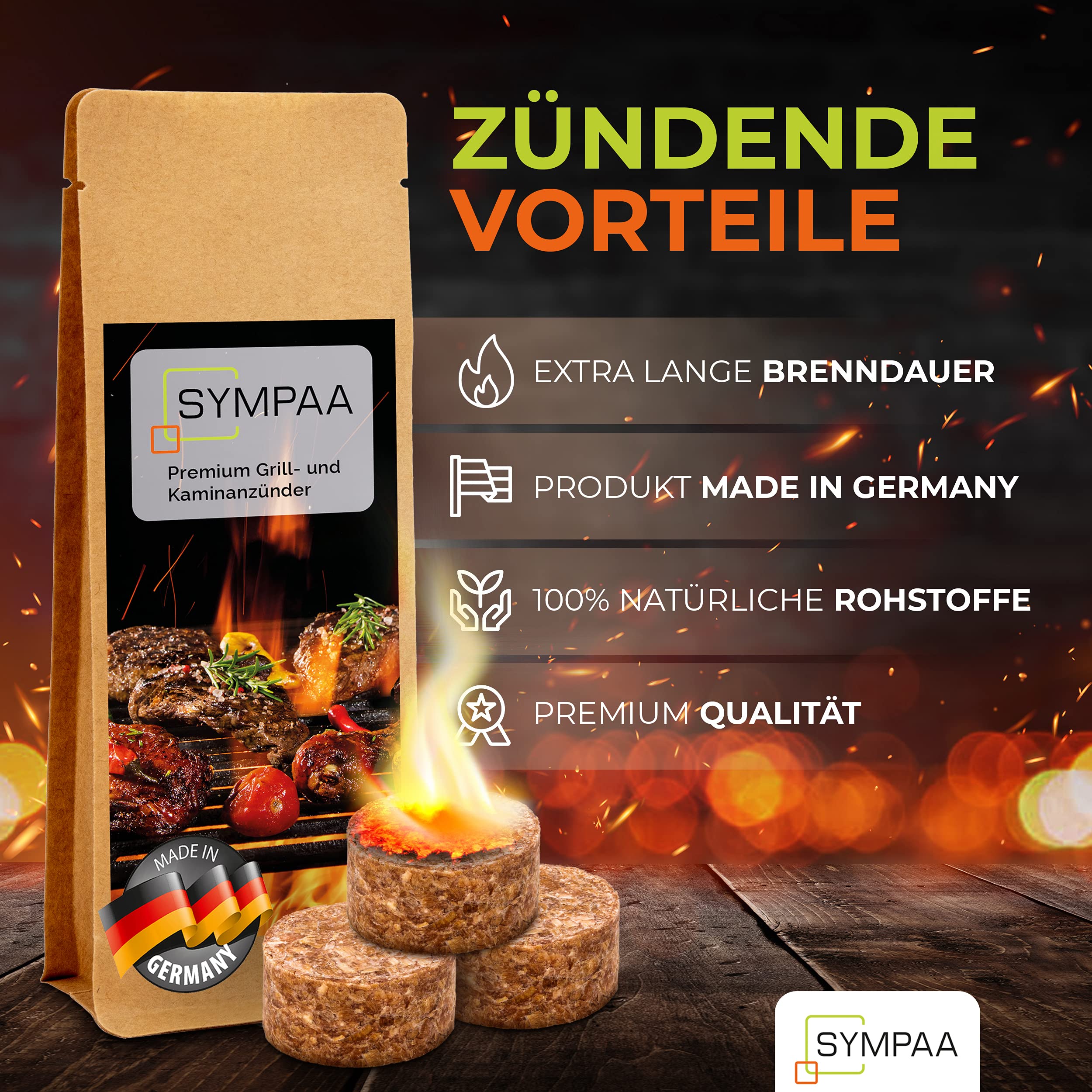 SYMPAA Grillanzünder mit starken 15min XXL Brenndauer | 35 Stück | Öko-Kaminanzünder aus Hartholz und Wachs | Nachhaltige Feueranzünder im Profi-Sparpack 2