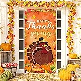 Thanksgiving Door Cover Turkey Decoration Large Happy Thanksgiving Banner Pumpkin Porch Sign for Fall Autumn Harvest Indoor Outside Front Door Farmhouse Party Supplies Photo Photography Background