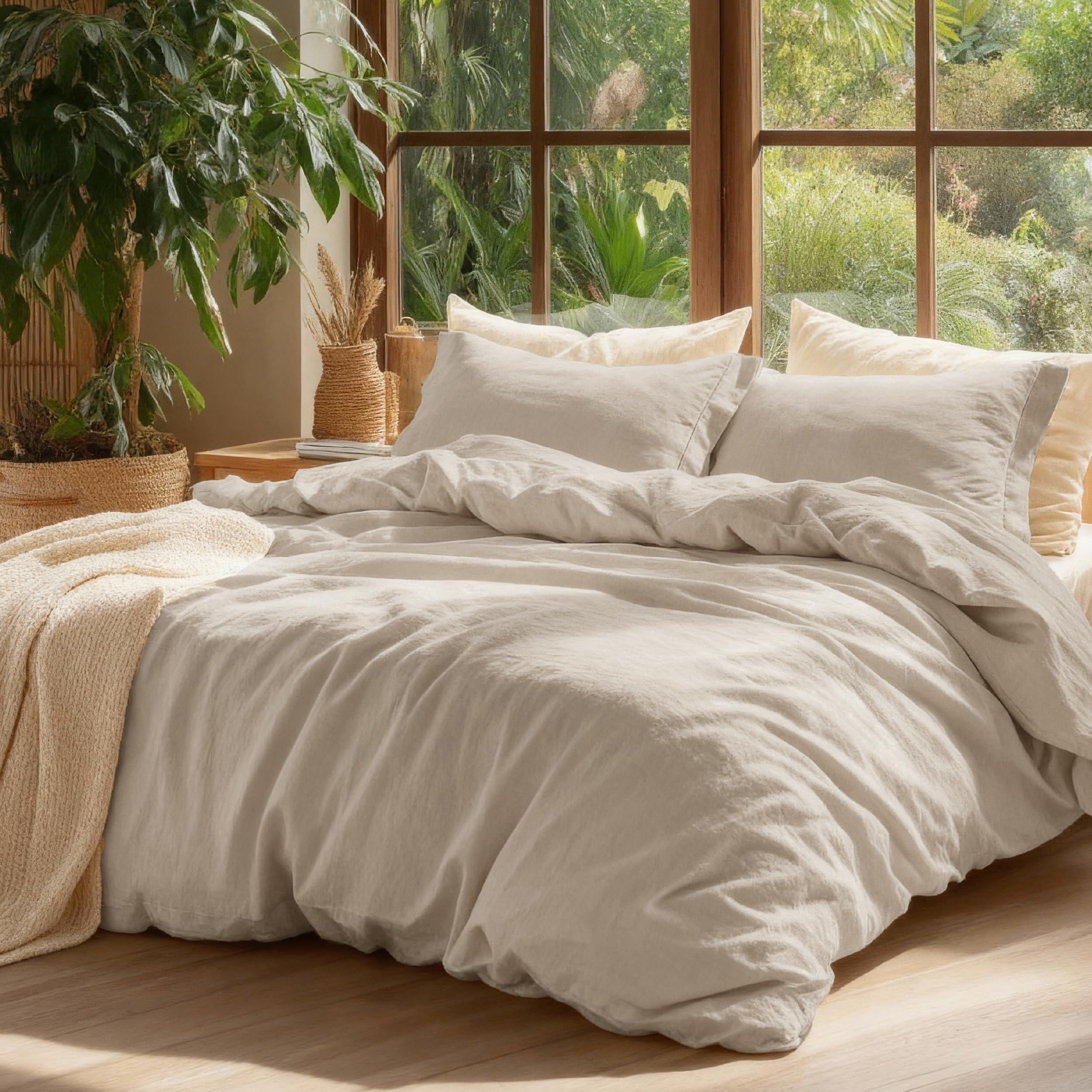 Photo 1 of Bedsure 100% Washed Cotton Duvet Cover Queen Size - Oatmeal Minimalist Cotton Duvet Cover Linen Like for All Seasons - GentleSoft™ Plain Simple Bedding (Oatmeal, Queen, 90"x90")