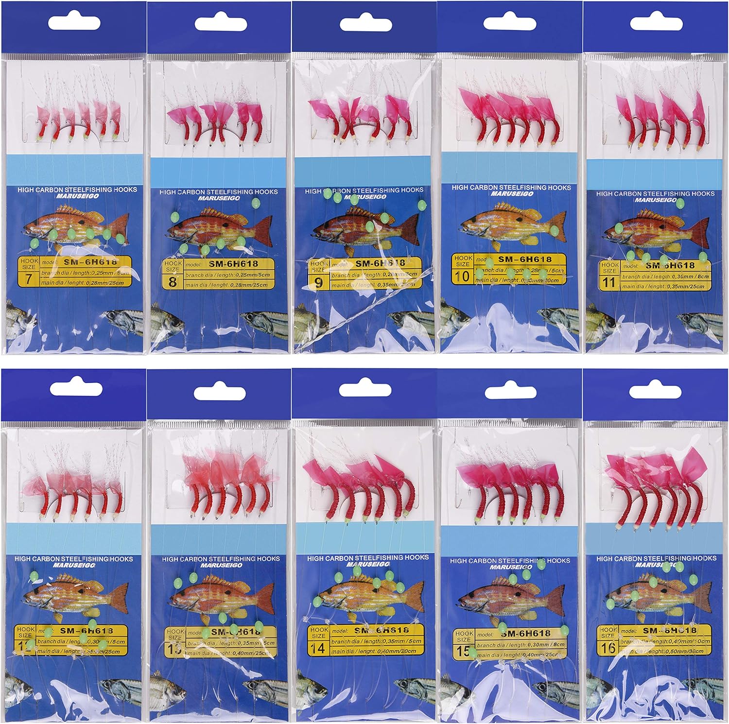 Saltwater Fishing Bait Rigs, 10Packs Surf Fishing Rigs 6 Hooks Fishing Lures Red Fish Skin Feather Hooks Glow Fishing Beads Fishing Tackles for Freshwater Saltwater : Sports & Outdoors