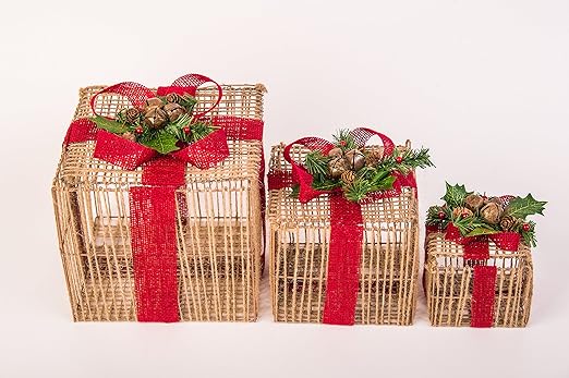 Juego de 3 Navidad caja, caja de hierro con rafia en color marrón con cinta y