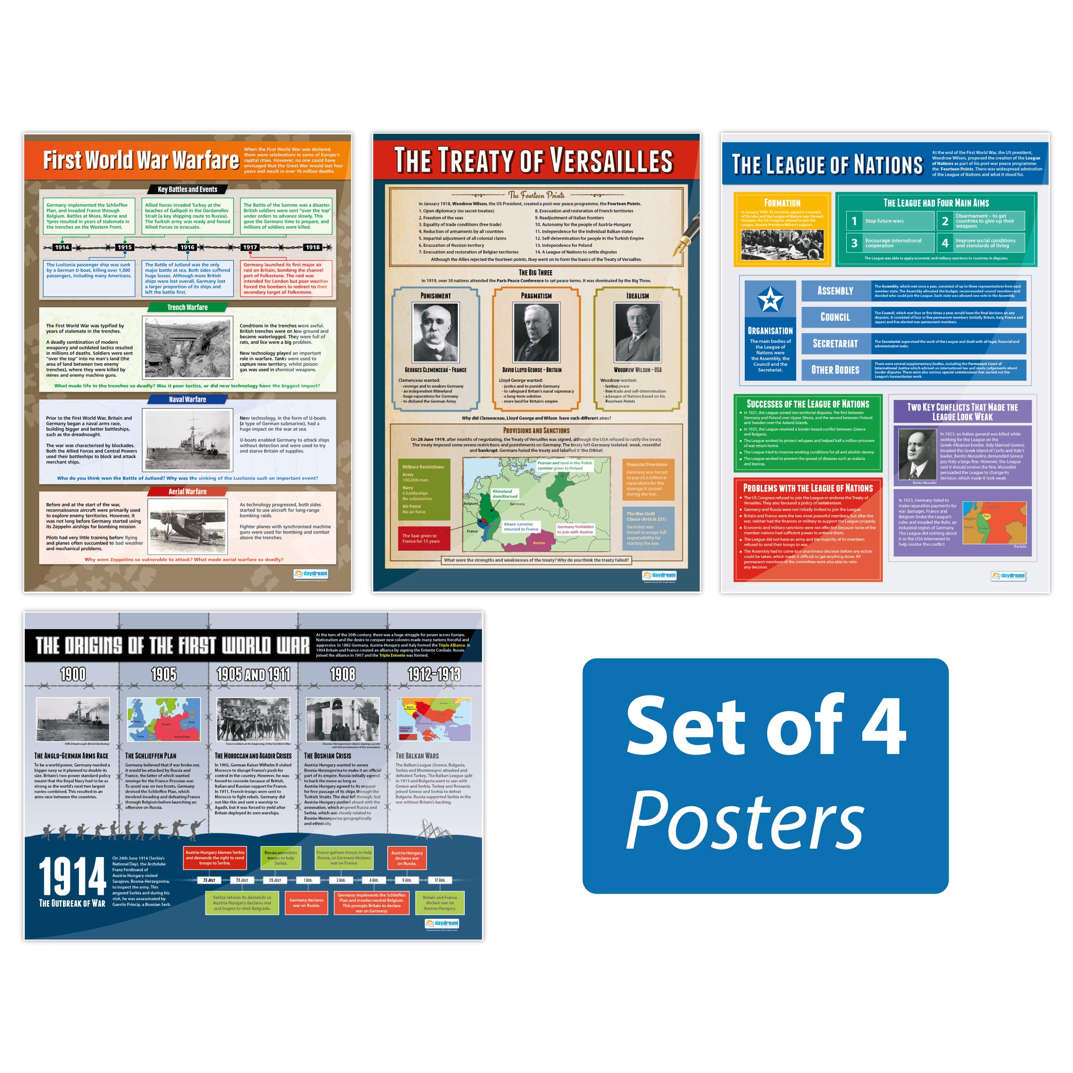 First World War Posters - Set of 4 | History Posters | Laminated Gloss Paper measuring 850mm x 594mm (A1) | History Classroom Posters | Education Charts by Daydream Education