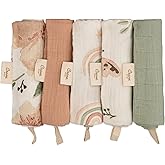 Crane Pink Floral Baby Wash Cloth Set - 5 Soft 100% Cotton Muslin Washcloths for Newborns