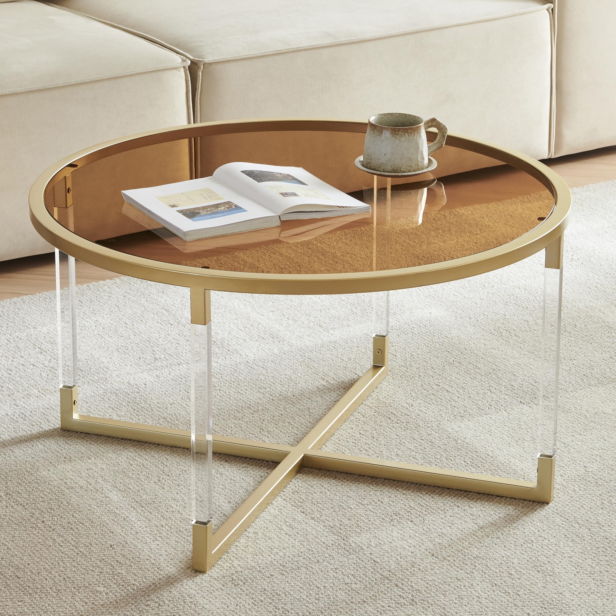 Photo 1 of Decorique Home Modern Glass Coffee Table, Round Table for Living Room, D31''×H17'', Clear Table Legs Structure & Brown Glass Top