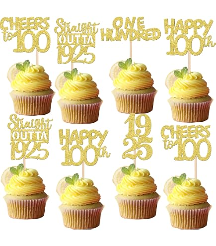 Rsstarxi Cupcake-Topper „Cheers To 100 Years“ – 24 Stück Glitzernde Deko Für 100. Geburtstag, Hochzeitstag & Jubiläum
