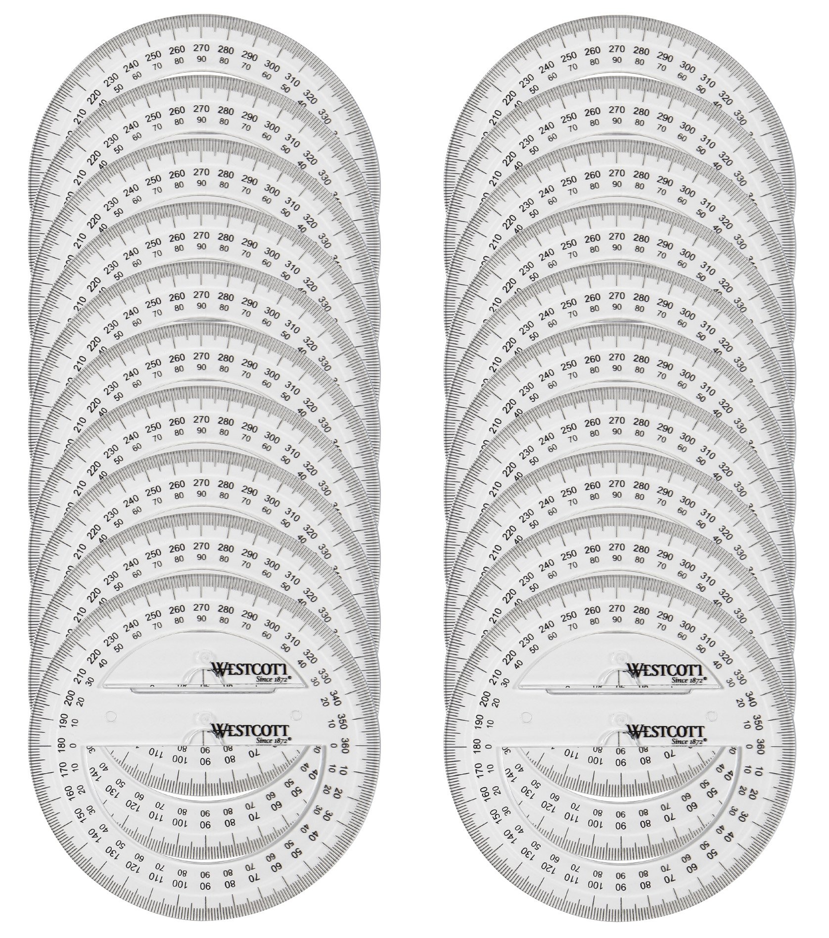 Westcott E-10135 00 I Protractor Full Circle 360 Deg, Plastic, 10 cm, 20 pcs, Transparent