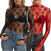 VELISDE Women's Long Sleeve Lace Tops Mesh Tops Sheer Layering Top Sexy Mock Neck Floral See Through Shirt Blouse