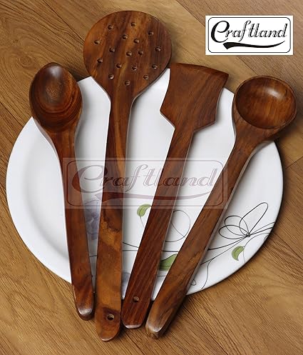 Craft Land Handmade Wooden (Rose wood) Serving and Cooking Spoon Kitchen Tools Utensil, Non Stick Set of 4
