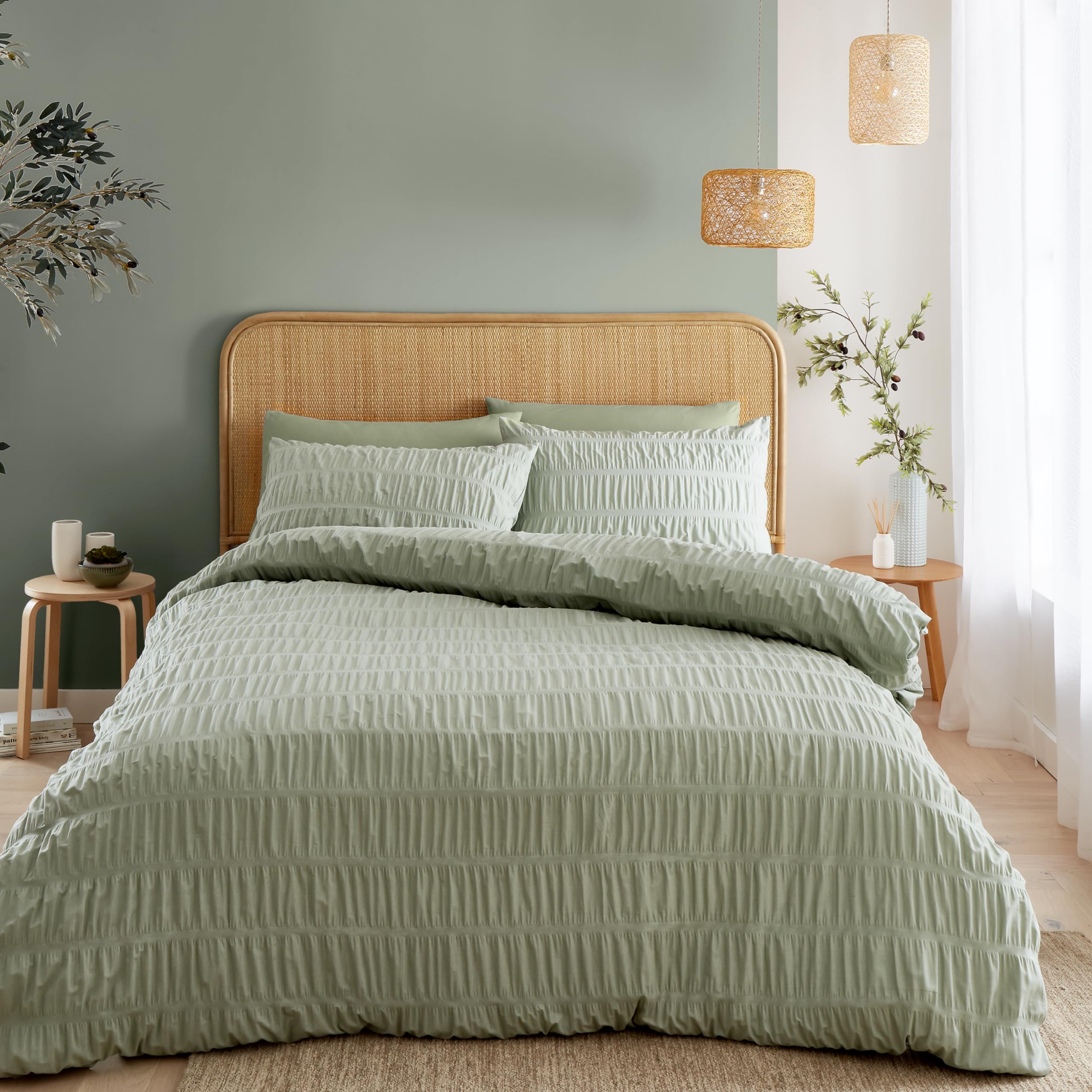Catherine Lansfield Seersucker King Duvet Cover Set with Pillowcases Sage Green