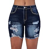 Queenwin Women's Casual Summer Ripped High Waisted Denim Shorts Stretch Distressed Frayed Raw Hem Jean Shorts