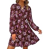 PRETTYGARDEN Women's Fall Boho Dresses 2026 Floral Long Sleeve V Neck Mini Flowy Wedding Guest Dress Trendy Vacation Outfits