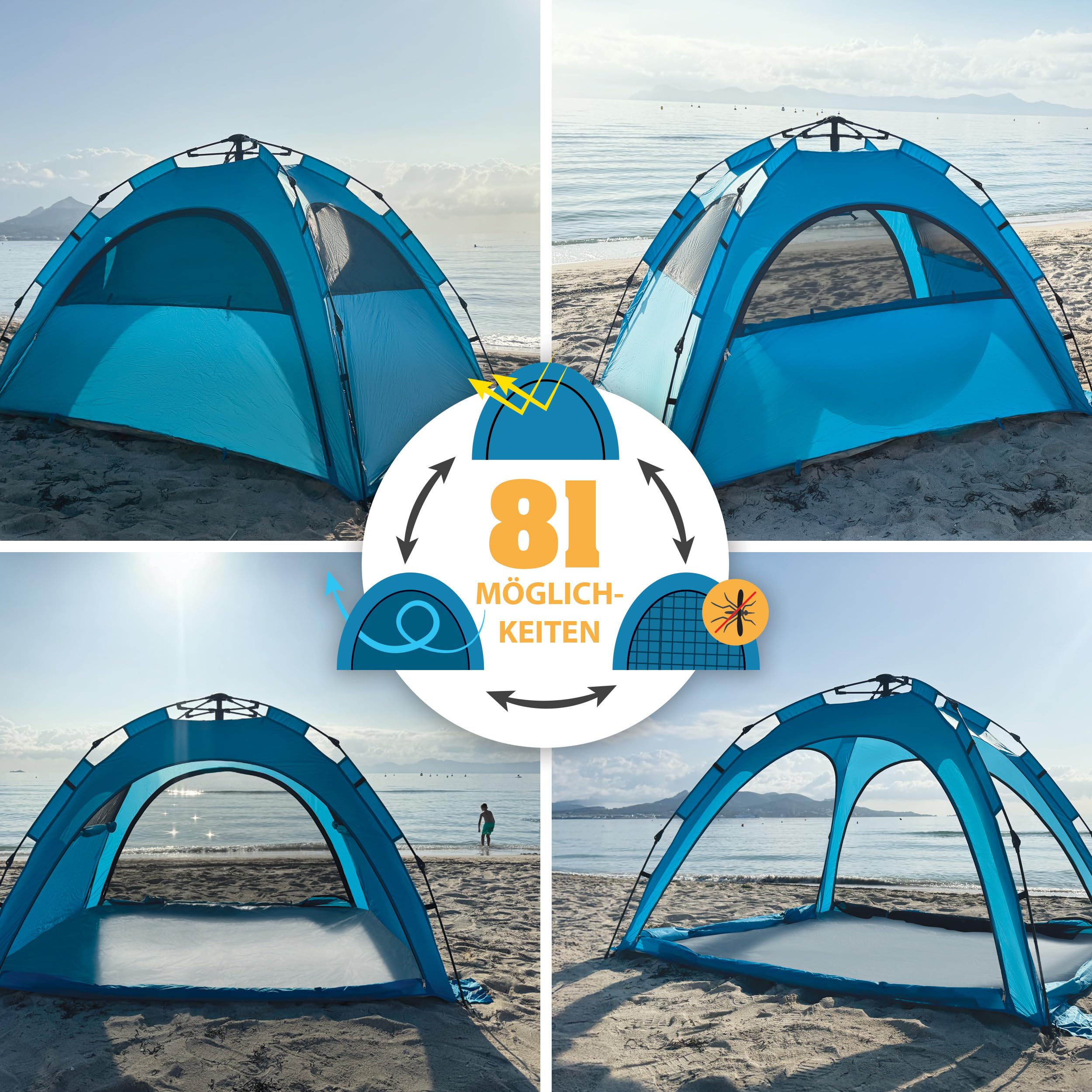 outdoorer Sun Snapper Air - UV 80 Quick-up-Strandmuschel mit 4 Türen und 3 Fenster, Schnellaufbau BZW. Automatik-Strandzelt, verschließbar, mit UV-Schutz 80, Sichtschutz und Insektenschutz 2