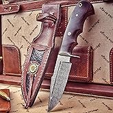 BIGCAT ROAR Deer Hunter - Handmade Damascus Steel Fixed Blade Knife 10" - Walnut Wood Handle & Leather Sheath - Bushcraft, Outdoor Camping, Skinning & Survival EDC Knife - Collector Hunter Men Gifts
