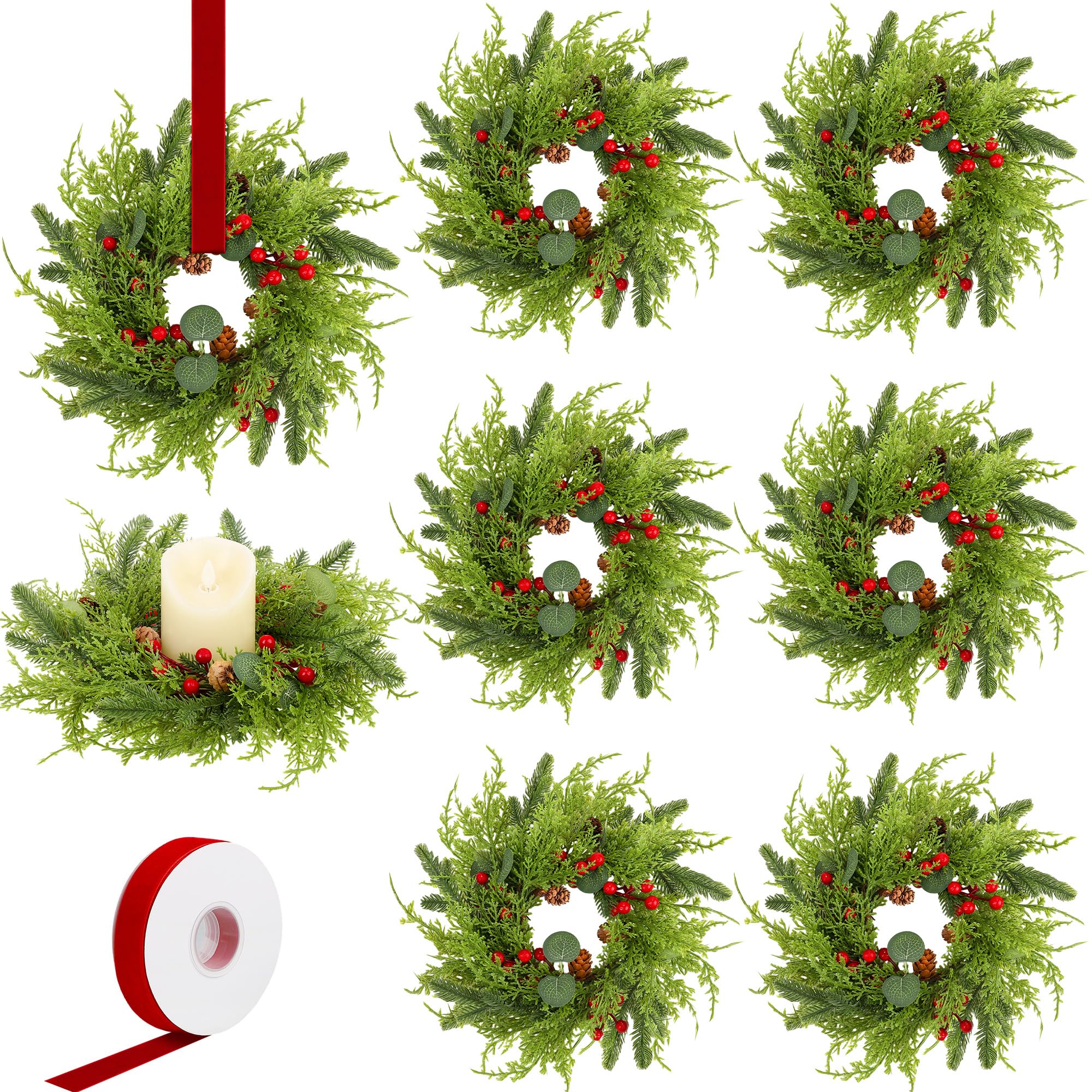 Photo 1 of Aneco 8 Pieces Christmas Candle Rings Wreath with Ribbon 8.7 Inch Wreath Holder Pillar Candlestick Norfolk Pine Garland Artificial Red Berries Branch Pinecones Wreaths for Xmas Table Centerpiece