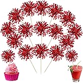 Ephlyn 30Pcs Foil Firework Cupcake Toppers Happy Birthday Cake Toppers Tinsel Flower Drink Stirrers Cocktail Food Fruit Toothpicks for Valentine's Day Party Decorations Red