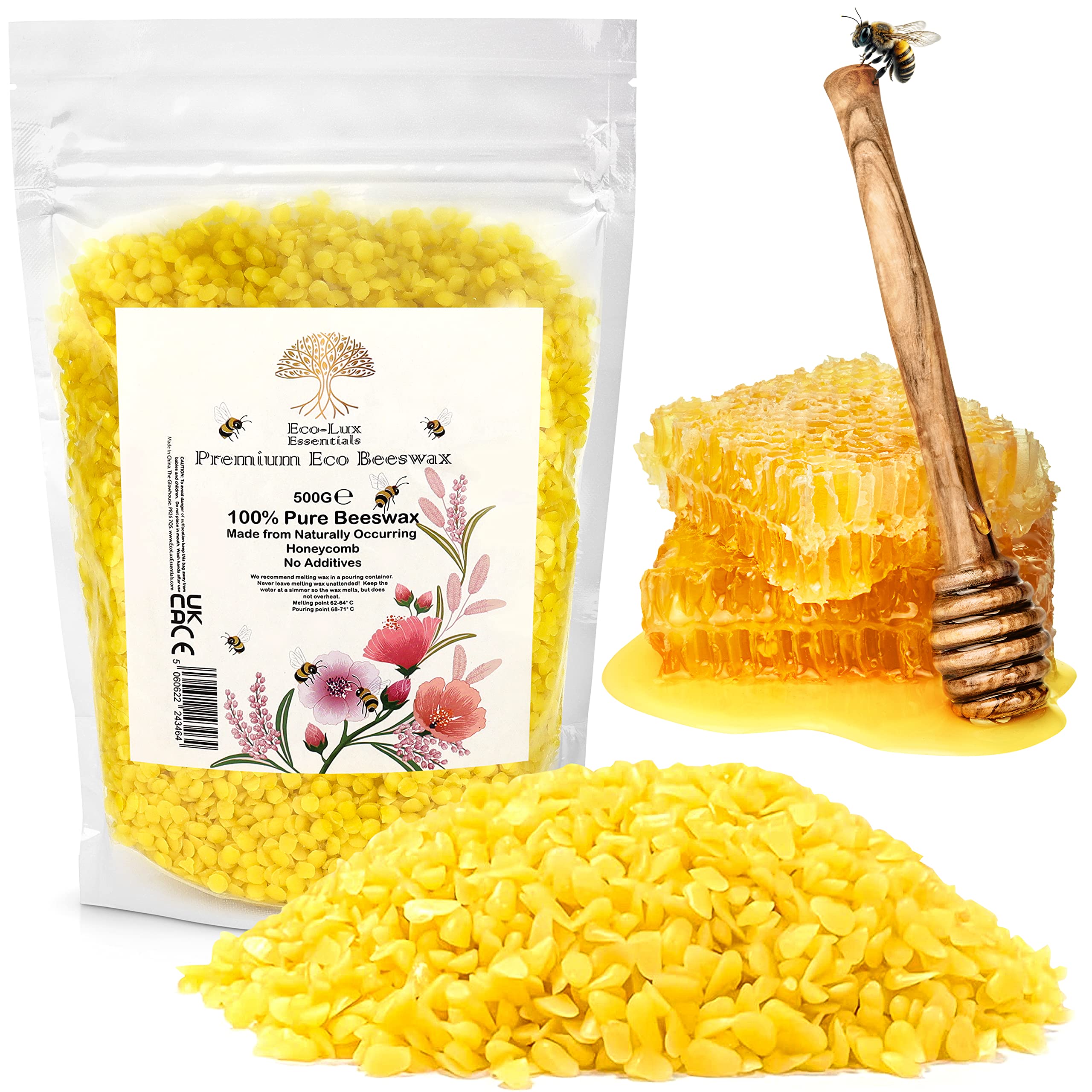 Eco Lux UK 500g Premium Bees Wax Golden Yellow Pellets for Candle Making, Natural Organic Beeswax Cosmetic Grade for Skin, Body, Lip Balm and Soap Making Supplies No additives Harmless and Pure (500g)