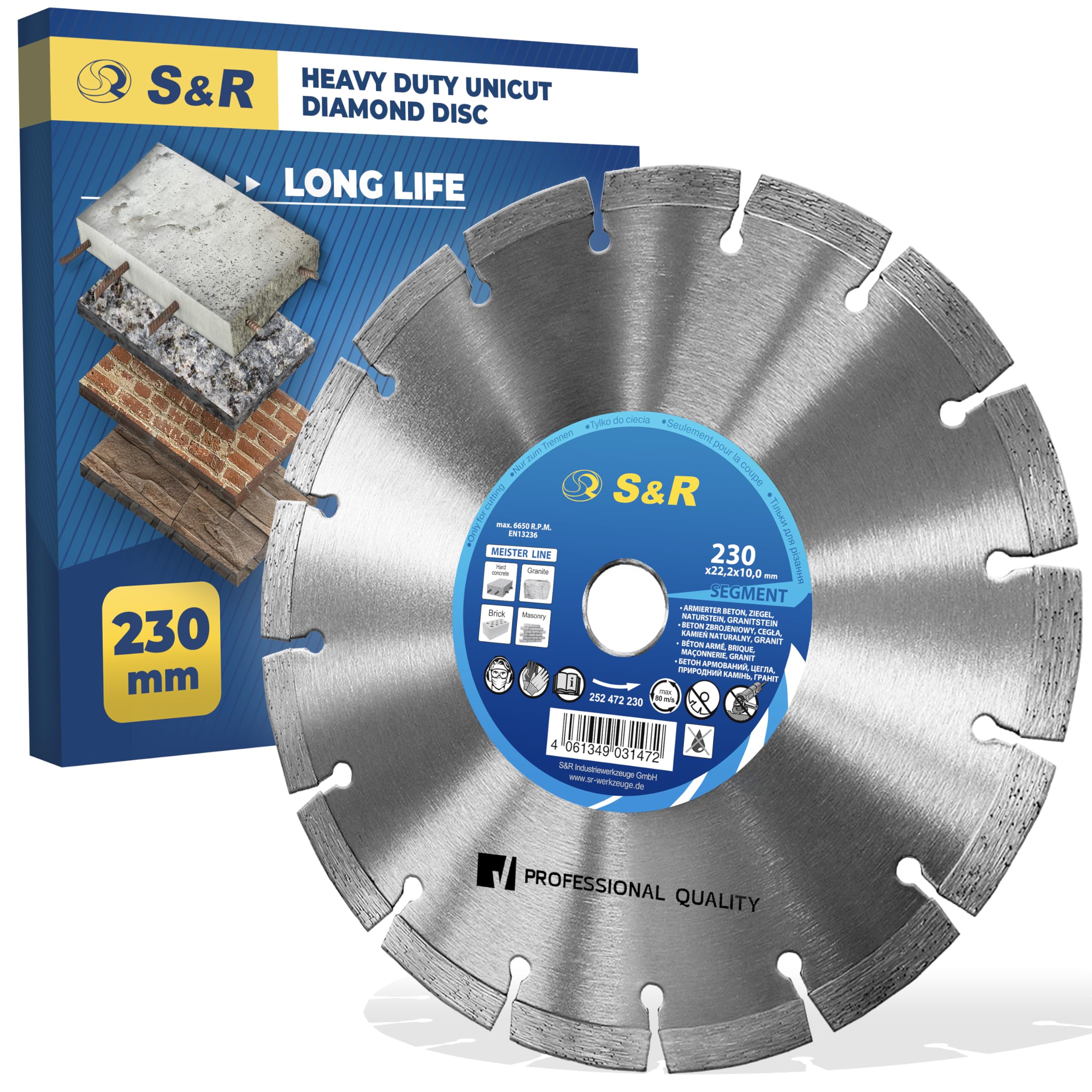 S&R Diamond Cutting Disc 230 x 22,2 x 10 x 2,6 mm standard, laser welded for cutting concrete, reinforced concrete, granite, natural stone, bricks