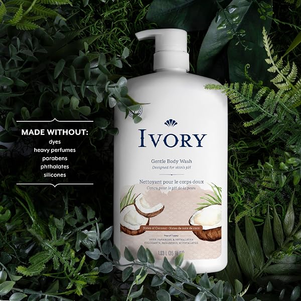 IVORY BODY WASH, DESIGNED FOR THE WHOLE FAMILY, GENTLE FORMULA, FREE OF DYES HEAVY PERFUMES PARABENS PHTHALATES & SILICONES, COCONUT SCENT, 35 OZ