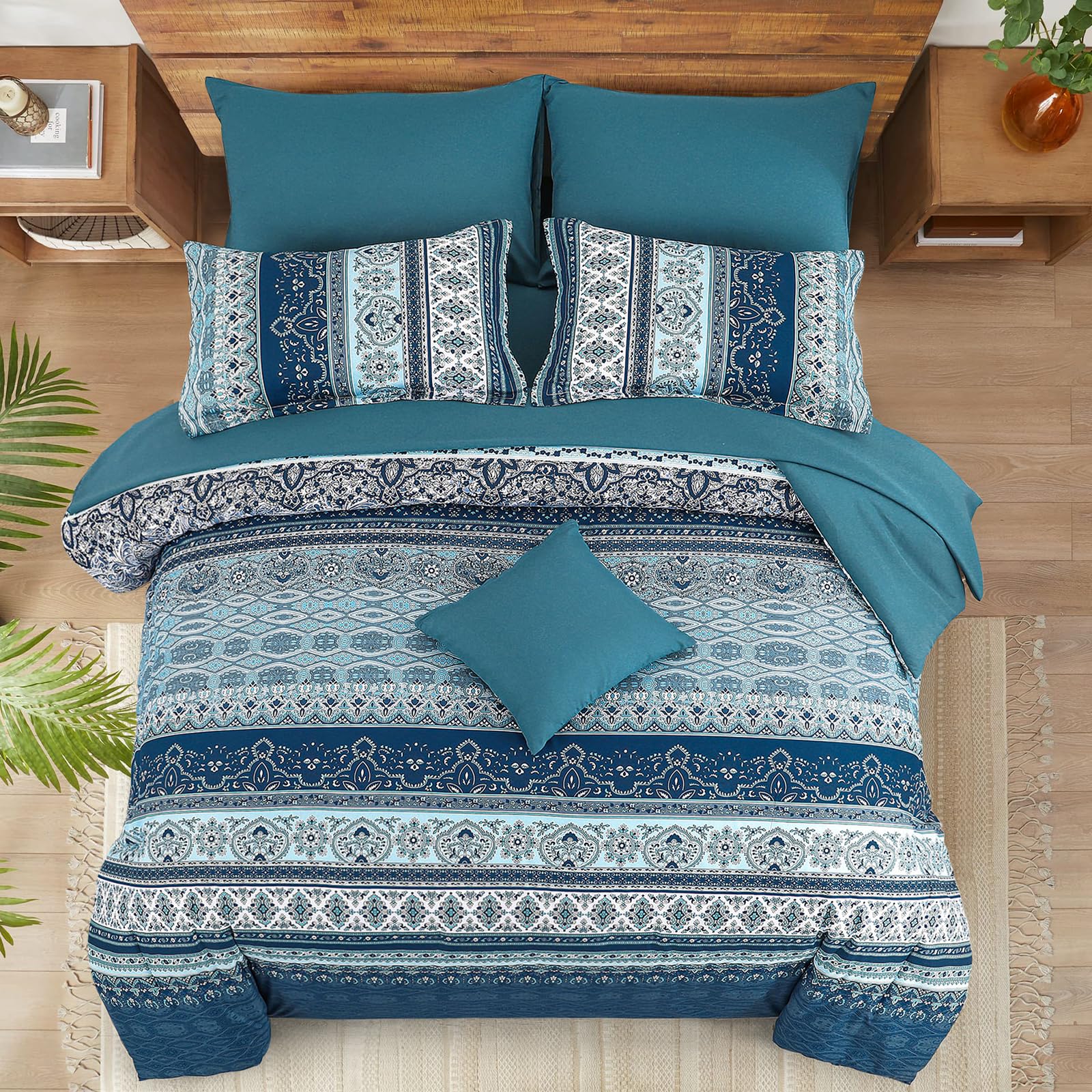 WONGS BEDDING Bohemian Double Duvet Cover Set Navy Blue Colorful Boho Striped Bedding Set with 2 Pillowcases Soft Microfiber Moroccan Quilt Cover 200x200cm
