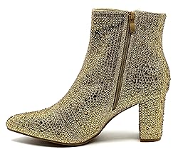 Women Rhinestone Block Chunky Heel Ankle Bootie